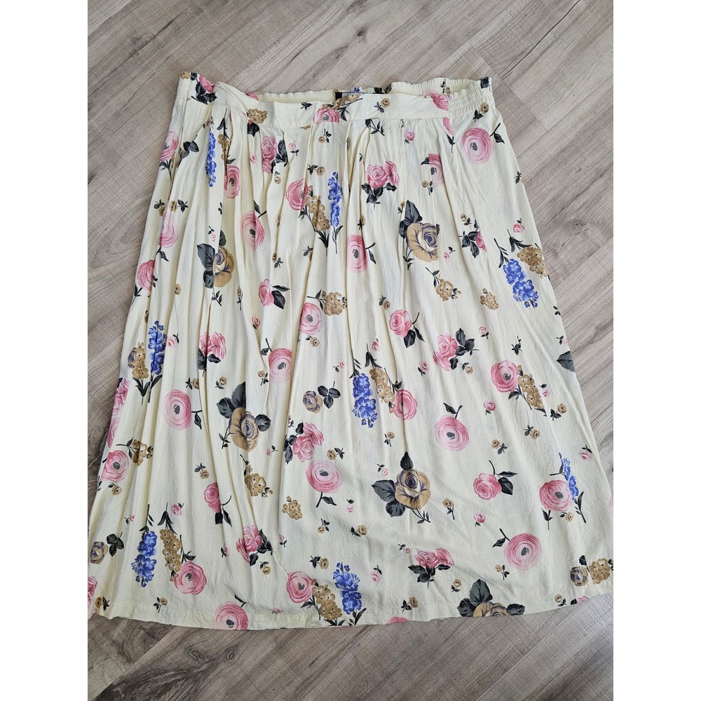 Sag Harbor Woman Floral Midi Skirt Size XL Pale yellow Pink Rayon Elastic Waist
